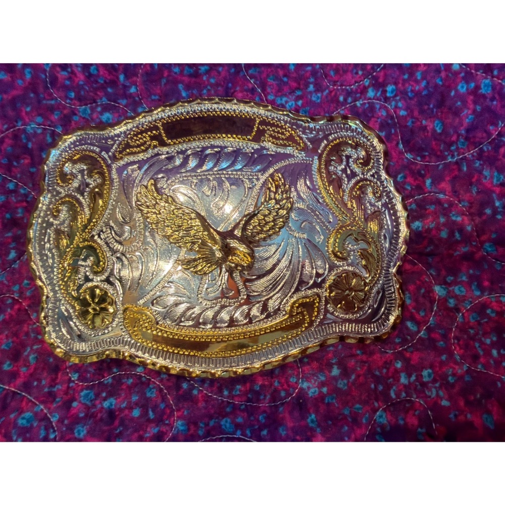 Western Eagle Belt Buckle Gold Silver Two Tone Floral Filigree Cowboy Rodeo